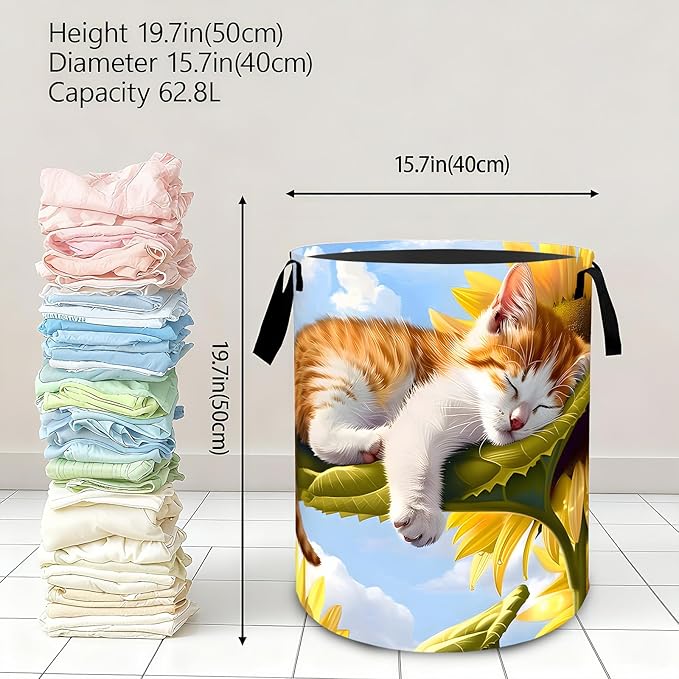 Cute Cat Sunflower Laundry Basket,Dirty Clothes Hamper,Adorable Kitten Flower Storage Bin Gifts,Foldable Waterproof Oxford Cloth Baskets for Bathroom,Bedroom,Home Decoration(19.7" x 15.8")