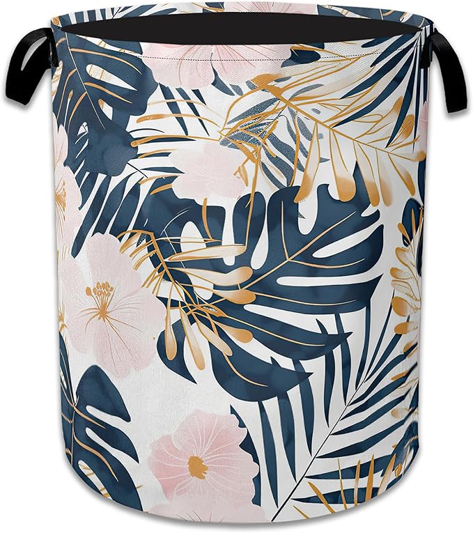 Palm Leaves Flowers Laundry Basket Collapsible Laundry Hamper Clothes Toy Storage Bin for Bathroom Bedroom Room Decor 16" X 20.8"