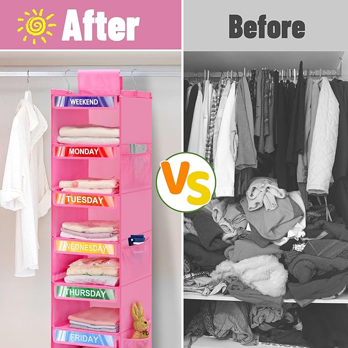 2 Pack 6-Shelf Weekly Clothes Organizer for Kids, Hanging Daily Closet Organization with 6 Side Pockets, Days of The Week Clothing Divider Storage for Boys and Girls (Pink)