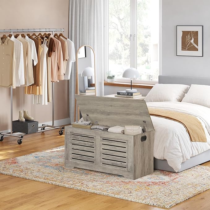 DINZI LVJ Storage Chest, Flip-Top Wooden Toy Box with 2 Safety Hinges, Retro Entryway Shoe Bench, Sturdy Large Storage Trunk for Living Room, Bedroom, Toddler Room, Easy Assembly, Gray Wash
