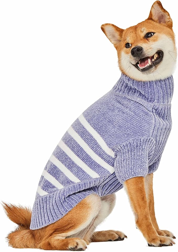 Blueberry Pet Cozy Soft Chenille Classy Striped Dog Sweater in Stonewash Blue, Back Length 10", Pack of 1 Clothes for Dogs