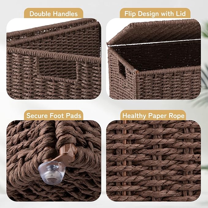 OIAHOMY Laundry Hamper with Lid, 23.8 Gal (90L) Wicker Hamper with Removable Liner Bags, Handwoven Clothes Basket with Handles, Foldable Woven Paper Rope Basket for Laundry Room, Bedroom-Brown
