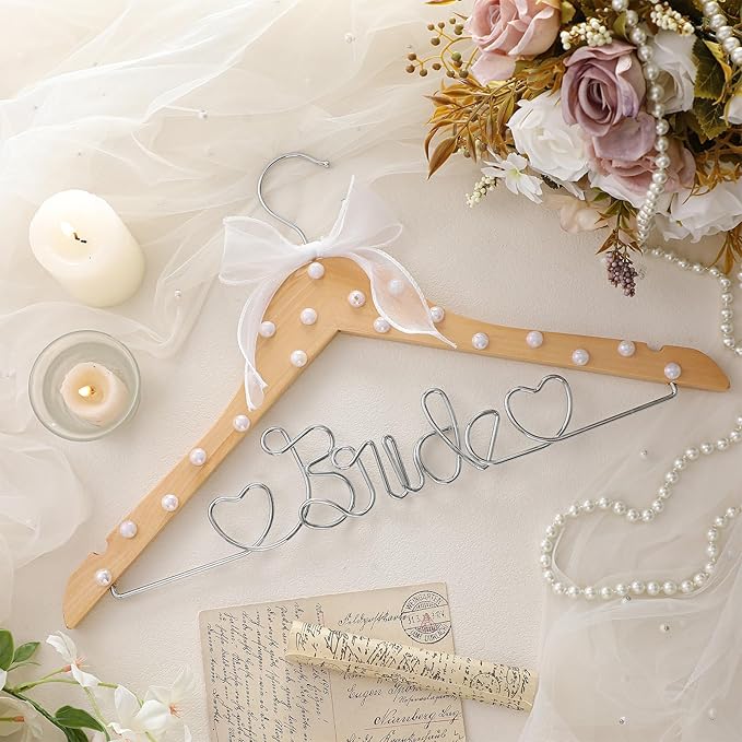 Honeydak Mrs. Wedding Dress Hanger for Bride to Be,Elegant Bridal Hanger for Brides Gowns, Bridal Party Shower Gift,Wedding Gift (Natural Silver,Pearl)