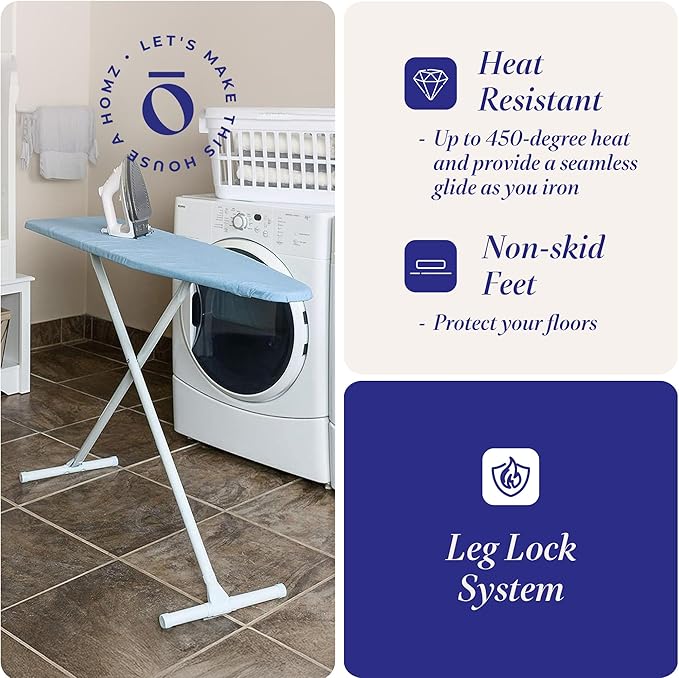 HOMZ Ironing Board, Folding Compact Table with Foam Pad and Cotton Cover, Light Blue - Portable Iron Machine Stand for Pressing Clothes - Ideal for Home, Dorm, and Laundry Room