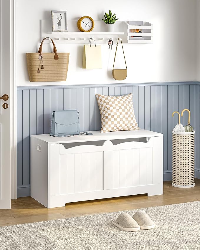 39.4" Storage Chest, Storage Bench Trunk with 2 Hinges, Wooden Box, Lift-Top Chest Organizer, Shoe Bench for Entryway, Bedroom, Living Room, White 01003XSB