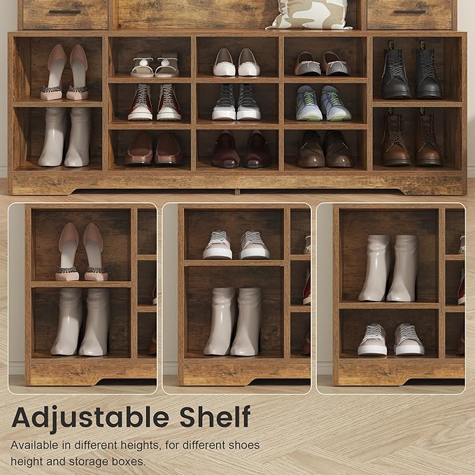 61.6" H White Hall Tree with Bench and Shoe Storage, 6-in-1 Multi-Functional Entryway Bench with 2 Drawers, 5 Coat Racks, Shoe Rack with 13 Shoe Cubbies, Entryway Storage Organizer, Brown