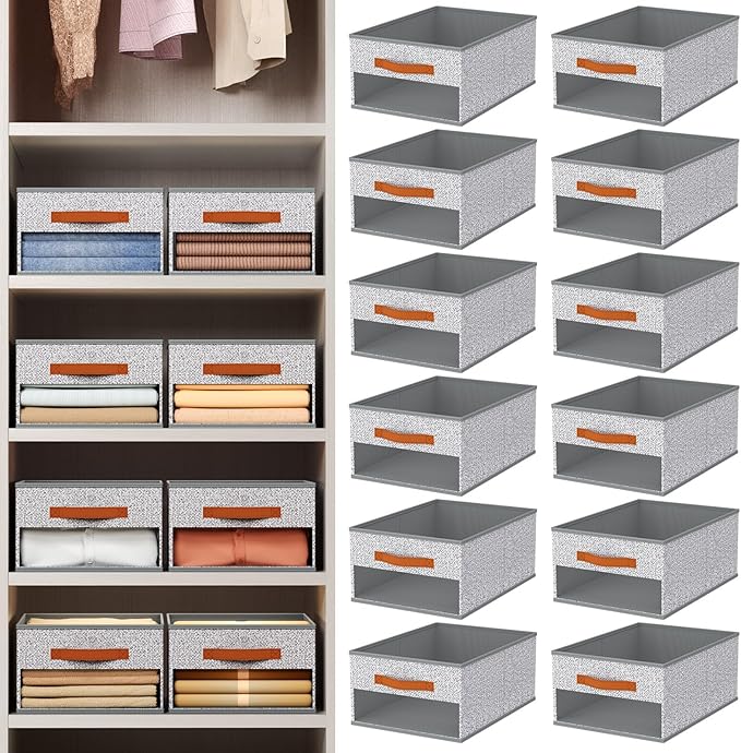 Drawer Organizers and Storage - 12 Pack Foldable Pants Organizer with Clear Window & Handles, Fabric Closet Organizer for Clothes, Jeans, Sweaters, Towels, T-shirt, Scarf (Ant Light Gray)