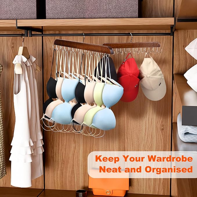 2 Pack Bra Hanger, Wooden Tank Top Hangers with 14 Foldable Hooks, Bra Hanger for Closet Organizer，Premium Wooden Space Saving Hangers Closet Organizers and Storage for Dorm & Apartment (Brown)