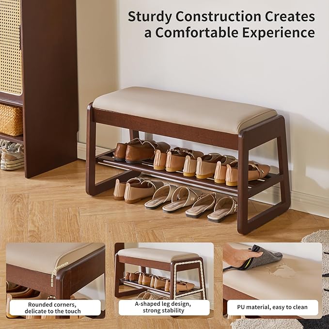 Shoe Rack Bench with Cushion, 2 Tiers Wood Shoe Bench with Flip-Top Storage, 31.5in Shoe Rack for Entryway, Hallway, Walnut Color YD-WD061B