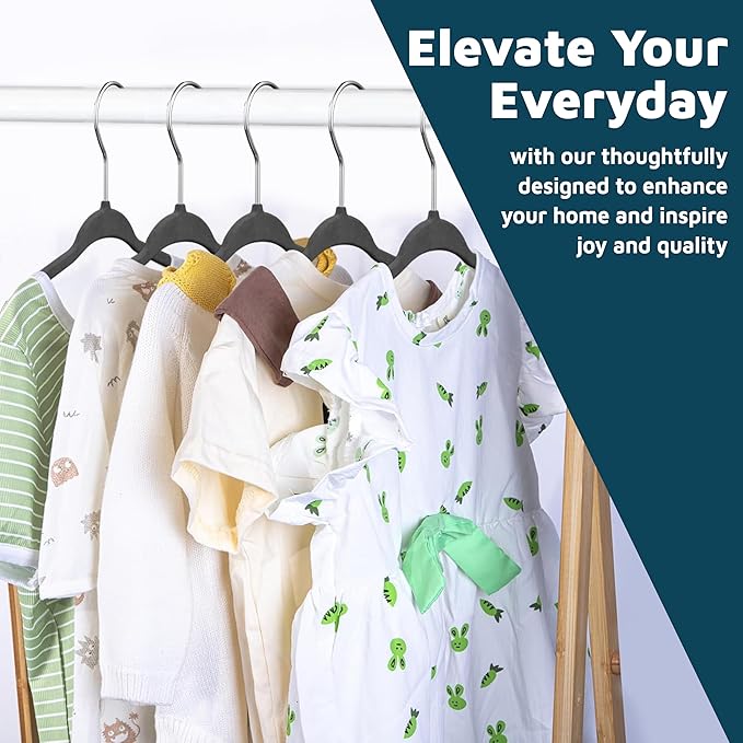 Black Velvet Kids Hangers 50 Pack, 10.83" Non-Slip Baby & Toddler Hangers for Clothes, Space-Saving Slim ABS Plastic with 360° Swivel Hook & Notched Shoulders, Up to 10 lb Capacity