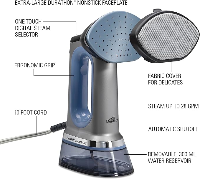 Hamilton Beach Durathon 3-in-1 Handheld Garment Steamer for Clothes & Steam Iron, 45 Second Heat-Up with 1700 Watts, 300ml Removable Water Tank, 27 Minutes of Steam, Auto Shutoff, Gray & Blue (11559)
