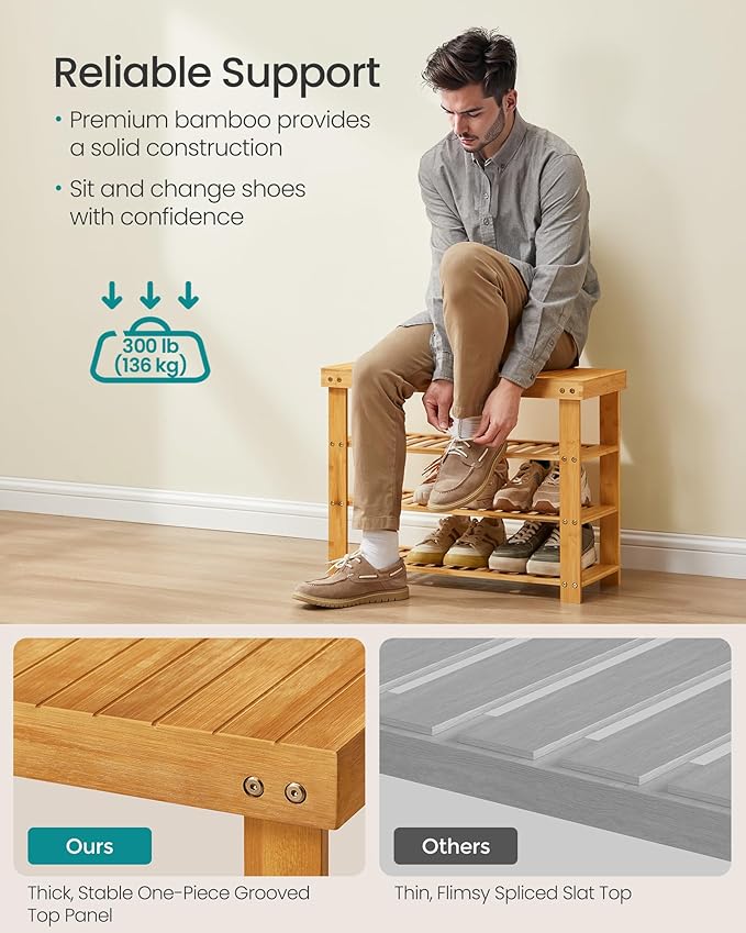 SONGMICS Shoe Rack Bench, 4 Tier Bamboo Shoe Storage Organizer, Entryway Bench, for Living Room, Bathroom, Bedroom, 11.3 x 27.6 x 20.5 Inches, Light Bamboo ULBS370YL01