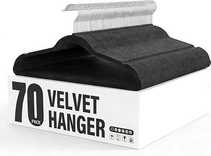 Simple Deluxe 70 Pack Heavy Duty Velvet Clothes Hangers, Non-Slip Closet Hangers with Shoulder Notches & 360° Swivel Hooks, Space-Saving Hangers for Coats & Suits, Black