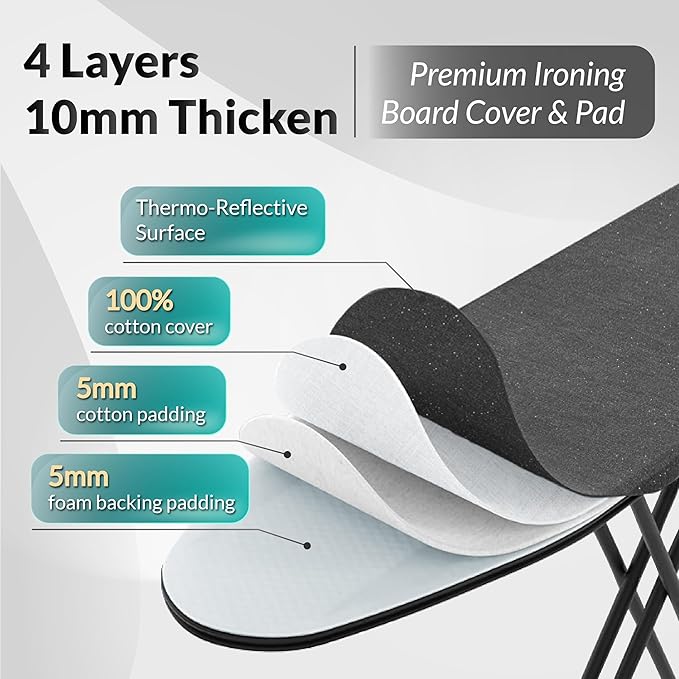 2026 Enhanced Ironing Board, Folding Iron Board with Retractable Iron Rest& Hook, 7-Level Height Adjustable Ironing Table with Thermo-Reflective Surface &10mm Thicken Pad, 43"x14"x36"