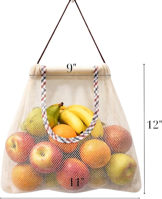 Durable Reusable Hanging Storage Mesh Bags for Fruits, Vegetables, Garlic, Ginger & Potatoes, Kitchen Storage Mesh Bag, Breathable Storage Bags for Home Decor & Kitchen Decor (2 white bags & 2 hooks)