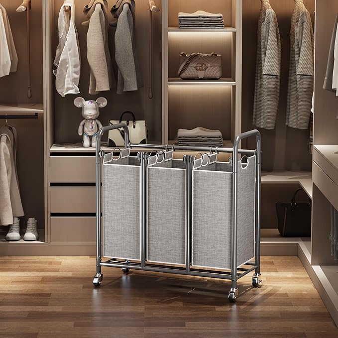 HOMEIJU 3-Bag Laundry Sorter, Laundry Hamper Cart with Heavy Duty Rolling Lockable Wheels and Removable Bags, Laundry Organizer Basket Clothes Separator Hamper, Grey