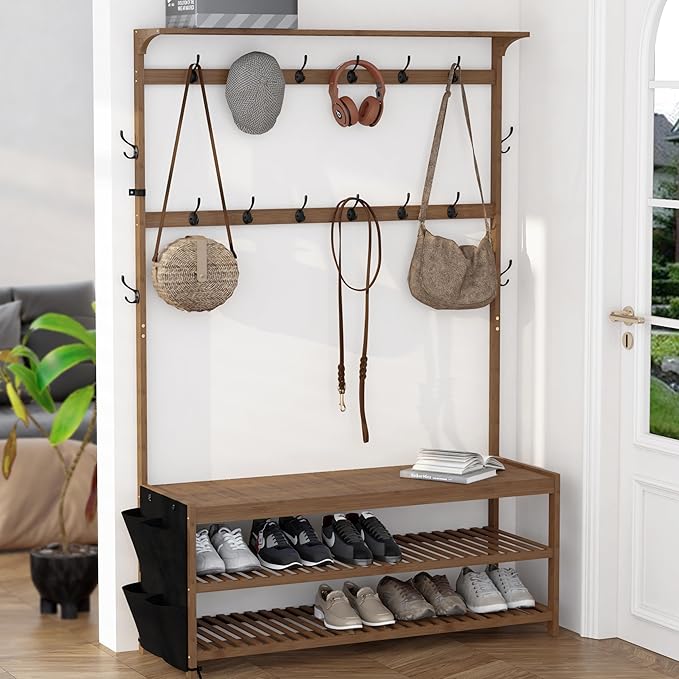 AMBIRD 6-in-1 Bamboo Hall Tree with Shoe Storage, Entryway Organizer Shoe Bench with 16 Coat Hooks and Cloth Bag, Sturdy Bamboo Storage Bench, 46 * 15 * 70 inches Brown