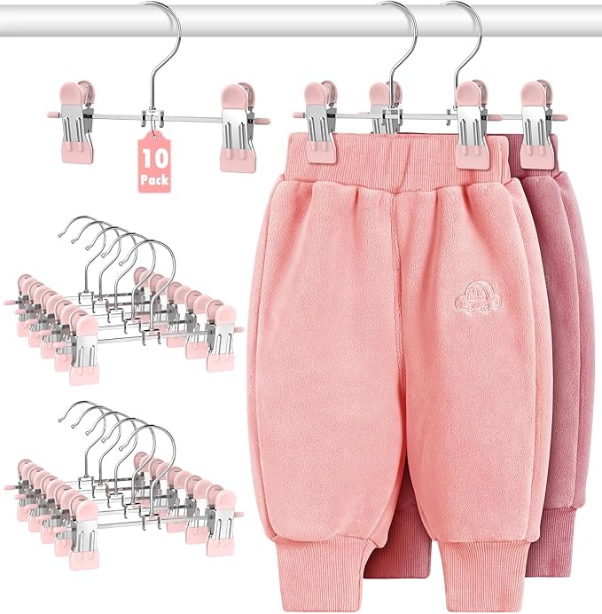 DOIOWN 10 Pack Baby Pants Hangers with Clips, Toddler Non-Slip Space Saving Hangers for Pants, Skirts, Clothes - Baby Essentials Closet Organizer