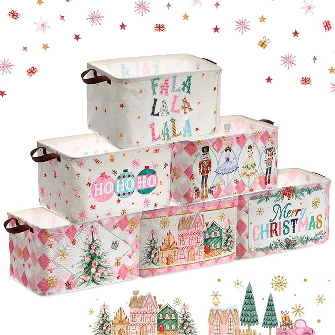 Vesici 6 Pack Pink Nutcracker Christmas Basket for Gifts Empty Christmas Tree Storage Bins Foldable Xmas Gift Basket Rectangle Soldier Ballet Girl Clothes Storage Boxes Organizer with Handle for Home