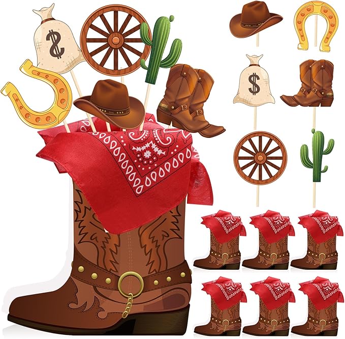 8 Sets 129 Pcs Cowboy Western Party Centerpieces - Brown Paper & Wooden Stick Cutouts with Cowboy Boots Shaped Boxes for Western Party Decor