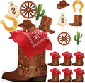 8 Sets 129 Pcs Cowboy Western Party Centerpieces - Brown Paper & Wooden Stick Cutouts with Cowboy Boots Shaped Boxes for Western Party Decor