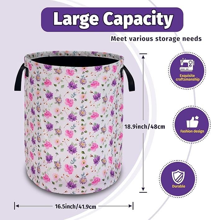 Pink Purple Flowers Laundry Basket Foldable Oxford Cloth With Handle Portable Colorful Storage Basket Organizer Suitable For Laundry Room/Bedroom/Living Room/Children'S Room (18.9 X 16.5 Inch)