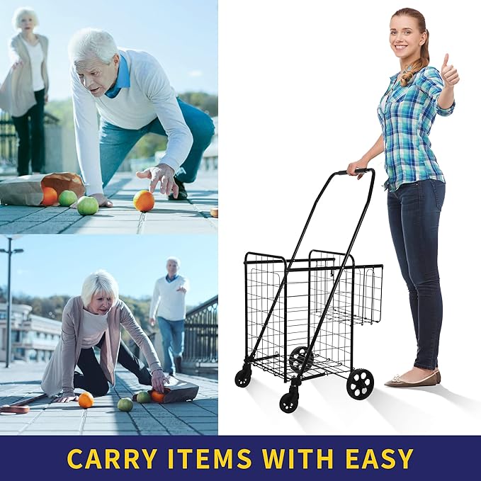 Folding Shopping Cart, Grocery Cart, 200 Lb Capacity, Utility Cart with 360° Rolling Swivel Wheels, Medium & Extra Basket