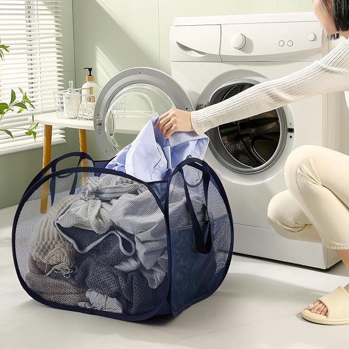 TECHMILLY Collapsible Mesh Pop Up Laundry Hamper with Strong Handles, Large Opening Clothes Hamper with Side Pockets, Storage Baskets for Dorm, Laundry Room, Bathroom or Travel (Blue, 90L)