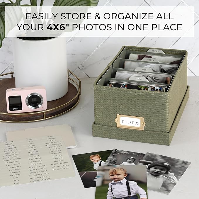 ZICOTO Decorative Photo Storage Box - Sturdy Linen Photo Organizer with Dividers is Perfect to Store Up to 850 Pictures and 4x6 Photos - Portable Scrapbook Storage Containers with Lid