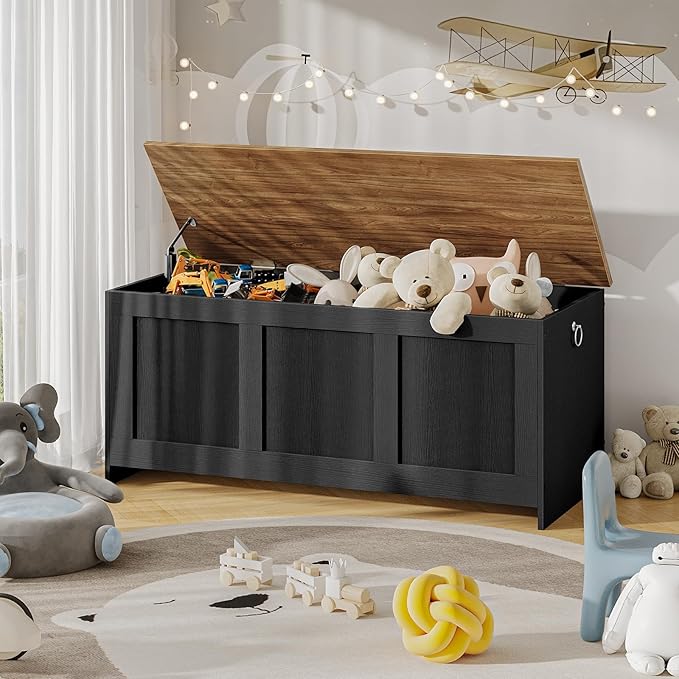 HOOBRO Storage Bench, 39.3" Retro Wooden Storage Chest, Wooden Storage Trunk, Toy Chest with Lift Top, Multifunctional Entryway Organizer, for Entryway, Living Room, Black and Walnut BH141CW01