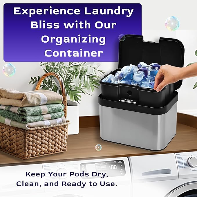 Skywin TidyFriend Laundry Pods Container with Push Up Lid, 9.8" x 7.3" x 6.3", Airtight Storage Keeps Pods Fresh, Laundry Detergent Container & Dishwasher Pod Holder (Black)