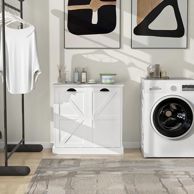 Laundry Hamper Cabinet with Removable Basket, Double Tilt Out Laundry Hamper, Wood Bathroom Storage, Free Standing Home Organizer, White