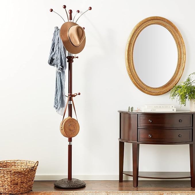 ORE International Six Foot Wood and Chrome Coat Rack Cherry Finish