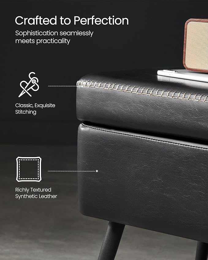 VASAGLE EKHO Collection - Storage Ottoman Bench, Entryway Bedroom Bench, 15 Gallons, Synthetic Leather with Stitching, Mid-Century Modern, Safety Hinges, Loads 660 lb, Ink Black ULOM074B01