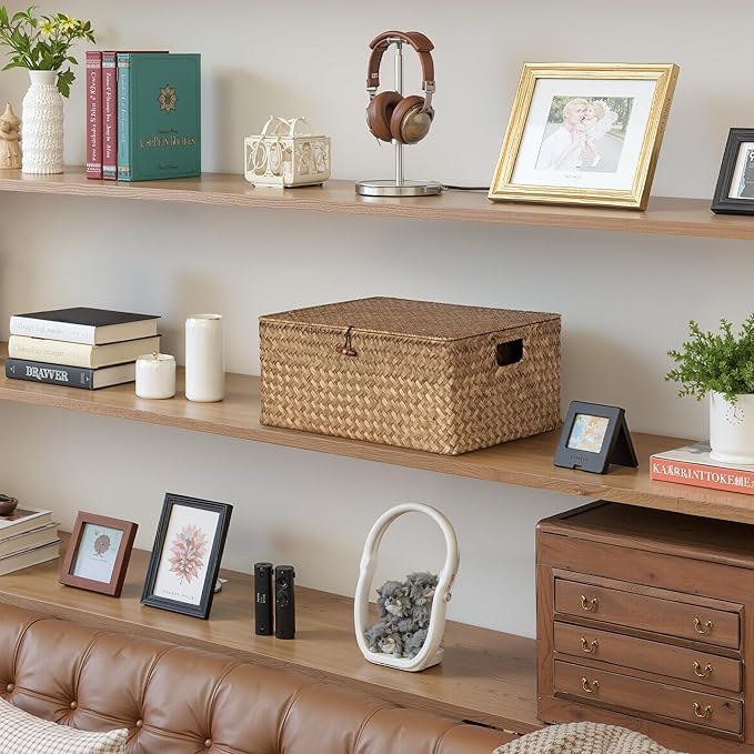 StorageWorks Extra Large Wicker Baskets, Seagrass Storage Baskets for Shelves, Decorative Box with Built-in Handles,Brown