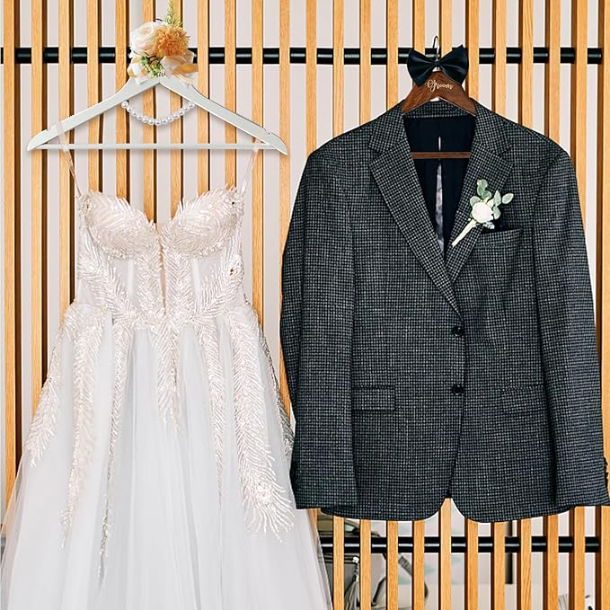 2 Pack Wedding Hangers Gifts Accessories, Groom Bride Hanger for Wedding Dress or Suit, Bridal Hanger with Bow Tie & Exquisite Wrist Flower and Pearl for Bridal Party