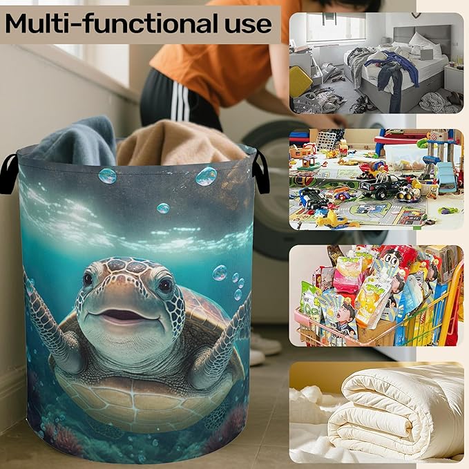 Cute Sea Turtle Foldable Canvas Laundry Basket with Handles - Toy Organizer, Heavy Duty for Home，Bedroom, Dorm, Bathroom