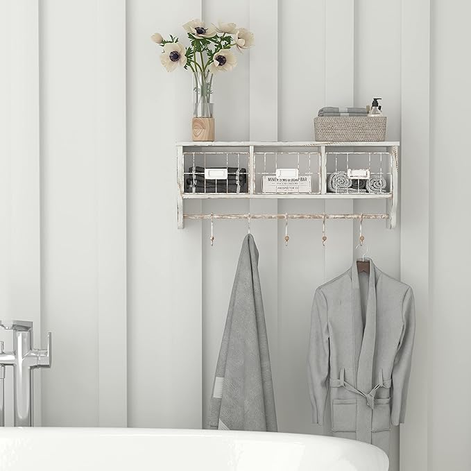 Flash Furniture Daly Wall Mounted Storage Rack - Whitewashed Solid Pine Wood - 24 Inch - Upper Shelf - 5 Hooks - Wire Baskets - For Entryway, Kitchen, Bathroom