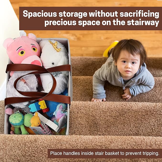 SAM AND MABEL Stair Baskets for Carpeted and Wooden Stairs – 16”L x 10”W x 16”H Foldable Staircase Basket with Handles, Stairstep Storage Organizer for Home and Office Decor (Naturel Beige)