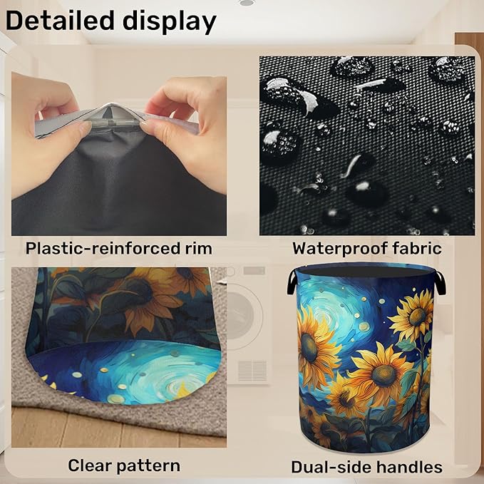 Starry Sky Sunflower Laundry Basket - Heavy Duty 60L Dirty Clothes Organizer, Water Resistant Foldable Hamper for Men Women