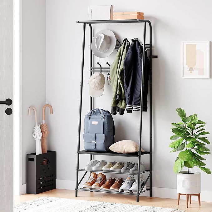 4-in-1 Entryway Organizer with 10 Double Row Hooks, Coat Rack and Shoe Storage Bench, Sturdy Metal Frame, Space-Saving Design for Living Room or Foyer, Black, 25.2" D x 11.4" W x 70" H