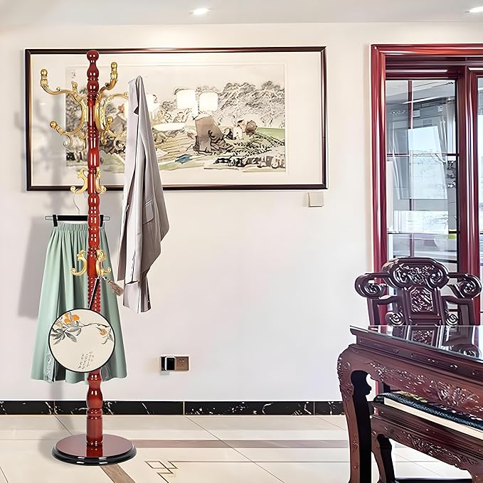 Coat Rack Freestanding, Wooden Tree Coat Rack Stand with 3 Adjustable Sizes Coat Tree and 14 Hooks, Sturdy Hall Tree with Solid Round Base for Entryway, Hallway,Bedroom (Begonia)