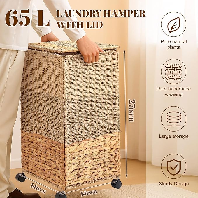 65 L Rolling Wicker Laundry Basket Laundry Hamper with Lid Decorative Woven Hamper with Washable Removable Liner Bags and Handles for Clothes Tricolor Natural Water Hyacinth(1 Sections)