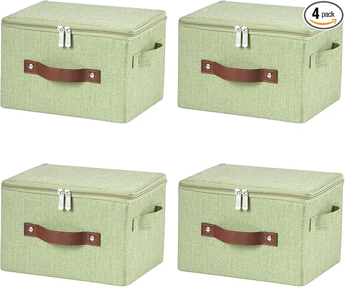 4 Pack Storage Bins with Zipper Lid Cotton Linen Fabric Lidded Storage Baskets Boxes Foldable Washable Closet Shelf Clothes Organizer Container with PU Leather Handles (Green, Small)