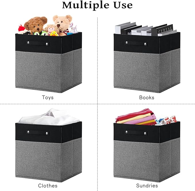 13 x 13 Inch Fine Linen Storage Bins with Handles，Fabric Cube Boxs，Basket Organizers for Shelves for Home, Closet Drawers (Black/Gray-6 Pack)