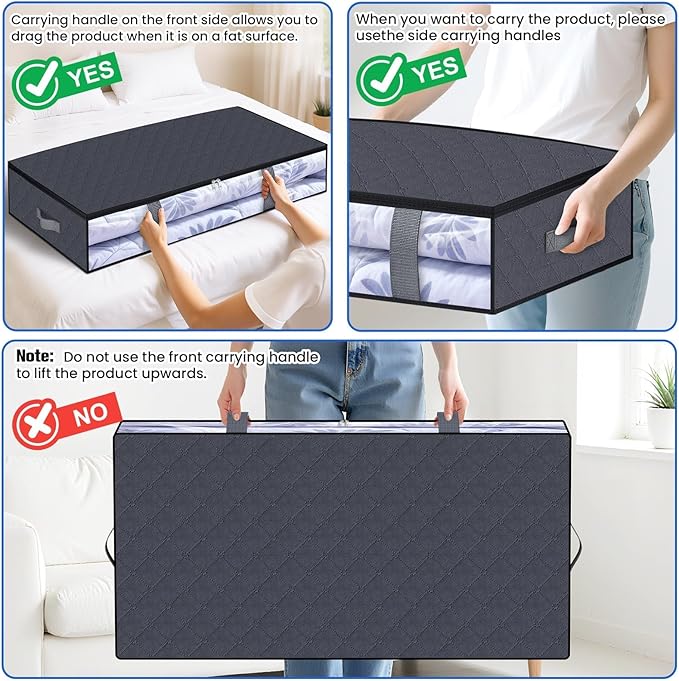 Under Bed Storage Containers, 2 Pack Blanket Storage Bags, Collapsible Storage Bags with Big Zippers, Clear Front, Shoe Storage and Organization for Clothes, Comforter, 90L, Grey