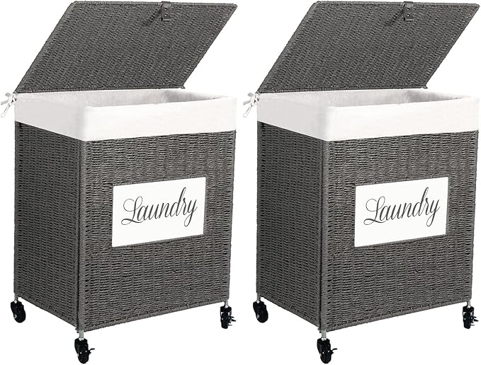 Mxfurhawa Laundry Basket, Heavy Duty Cotton Liner Laundry Storage Hamper with Handles, Collapsible Clothes Wire Basket Organizer Laundry Bag (2PCS-89GY-H)