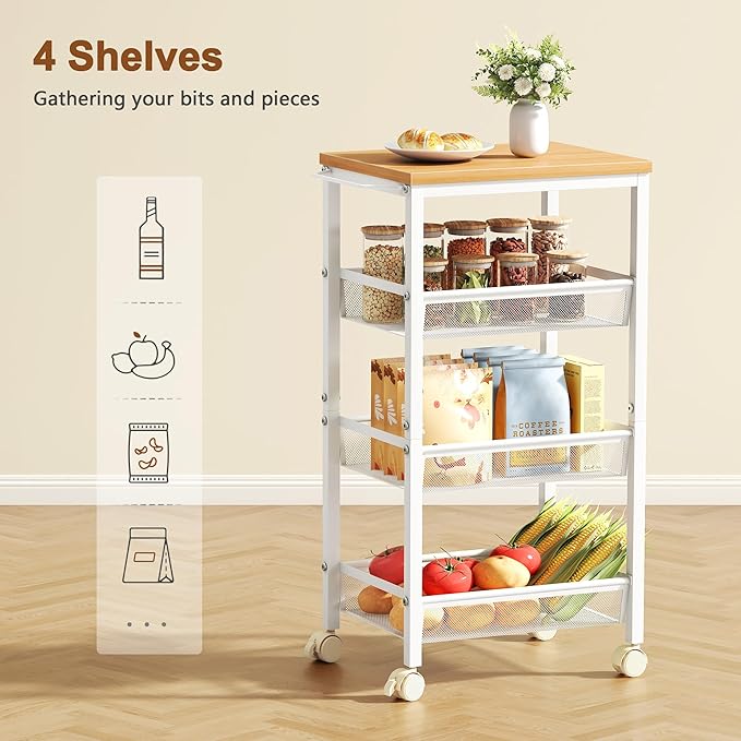 Hoctieon Rolling Storage Cart, 4-Tier 11.8" Wide Rolling Kitchen Storage Cart, Utility Cart with Handle & Wheels, Mobile Shelving Unit, Metal Frame Narrow Cart for Home Kitchen, Laundry, Oak Beige