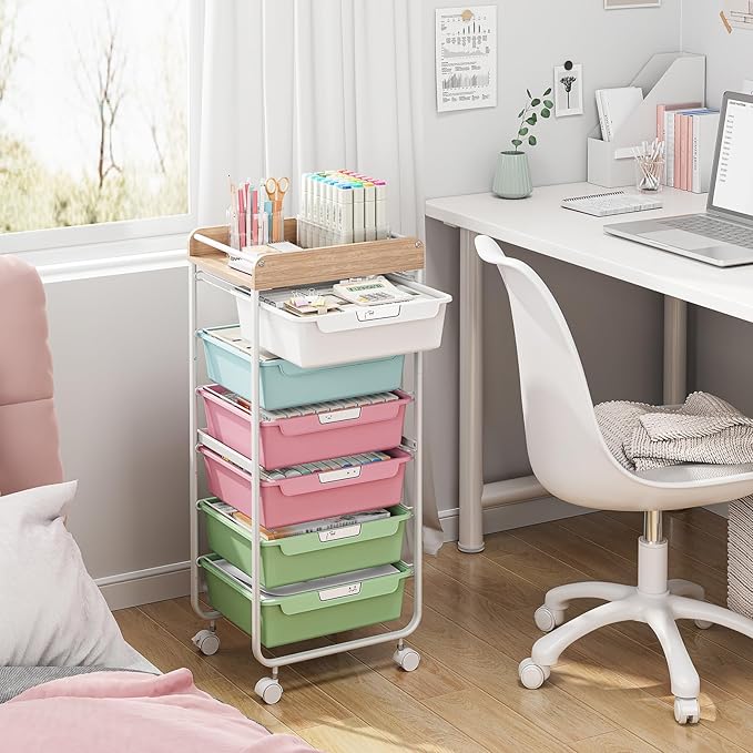 APEXCHASER 6-Drawer Plastic Organizers on Wheels,Rolling Storage Cart with Wooden Top, Mobile Drawer Unit for Classroom, Crafts, Art Supplies, and Home Organization,Colorful