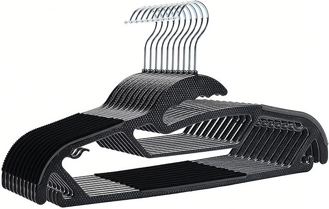 10 Pack Plastic Clothes Hangers Non-Slip Strip | 0.2" Thickened Shirts Hanger Space Saving, Coat Pants Hangers with 360° Swivel Silver Hook for Closet Wardrobe Storage, Black